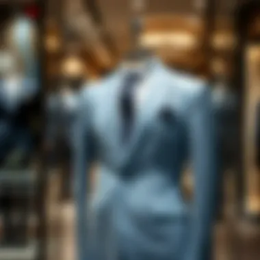 A tailored ice blue suit displayed on a mannequin in an upscale setting.