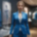 A stylish frozen blue suit displayed on a mannequin in a modern boutique.