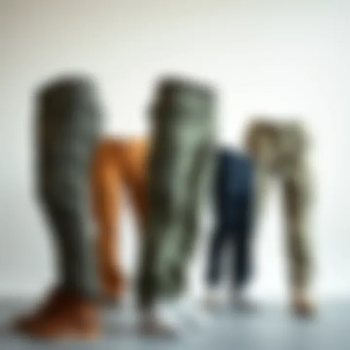 Close-up of different cargo pant styles on a minimalist background