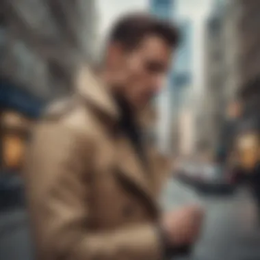 Man adjusting trench coat collar with a modern cityscape in background