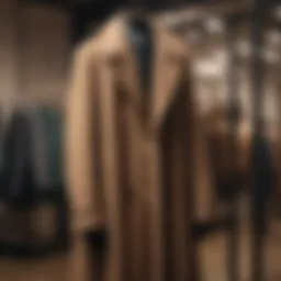 A classic overcoat displayed on a hanger in a boutique, showcasing its elegant design and fabric texture.