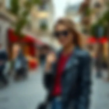 Fashionable Outfit with Navy Leather Jacket A fashionable outfit featuring a navy leather jacket paired with accessories