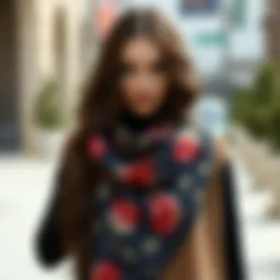 Elegant floral patterned shawl draped over a stylish outfit