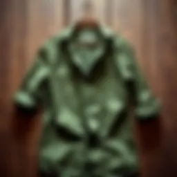 Stylish olive green shirt on a rustic wooden background