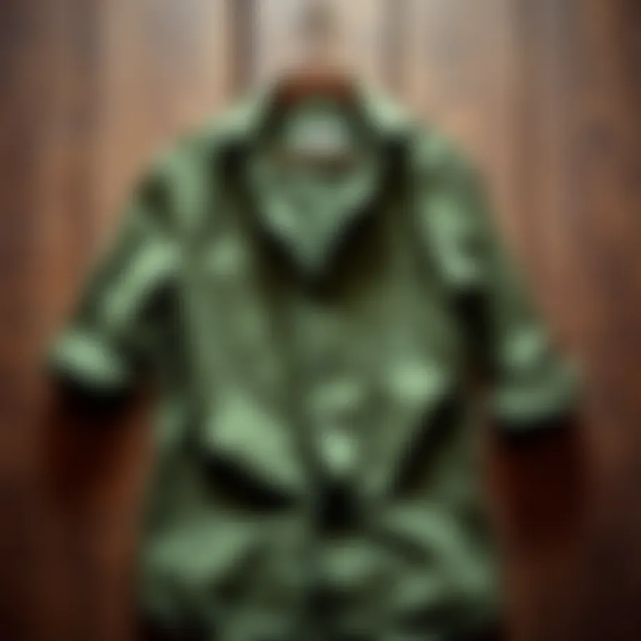 Stylish olive green shirt on a rustic wooden background