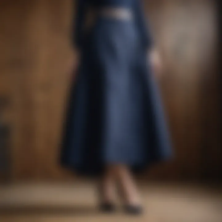 A sophisticated dark blue linen skirt displayed elegantly on a wooden background.