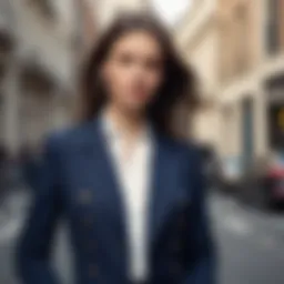 A chic navy jacket paired with smart-casual attire.