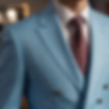 Close-up of fabric texture of the light blue suit