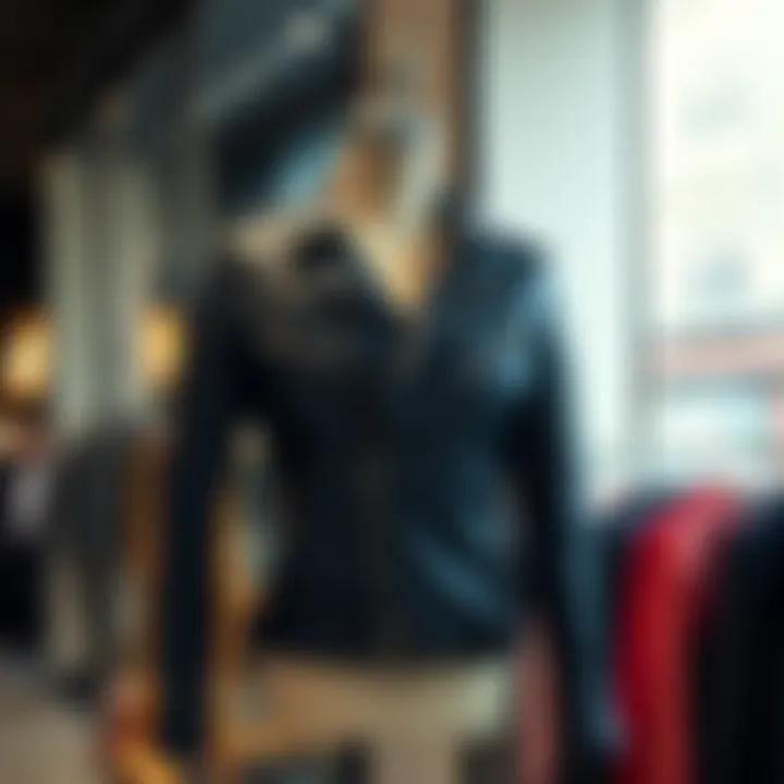 A stylish navy leather jacket displayed on a mannequin