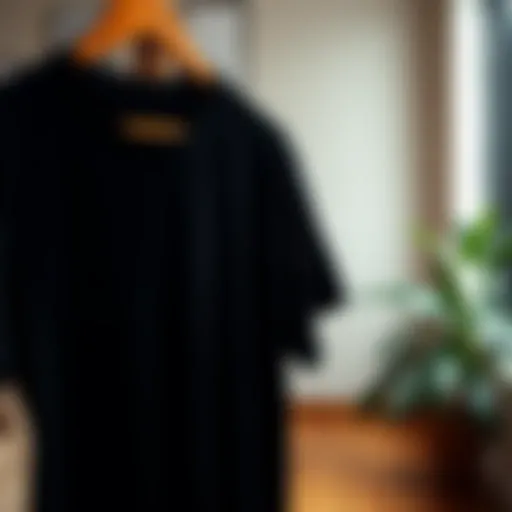 Classic black t-shirt on a wooden hanger