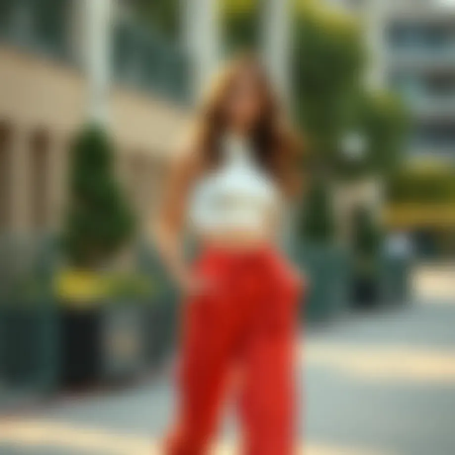 Stylish long crop top paired with high-waisted trousers